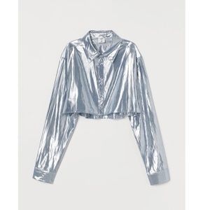 Metallic Silver Long Sleeve Crop Top